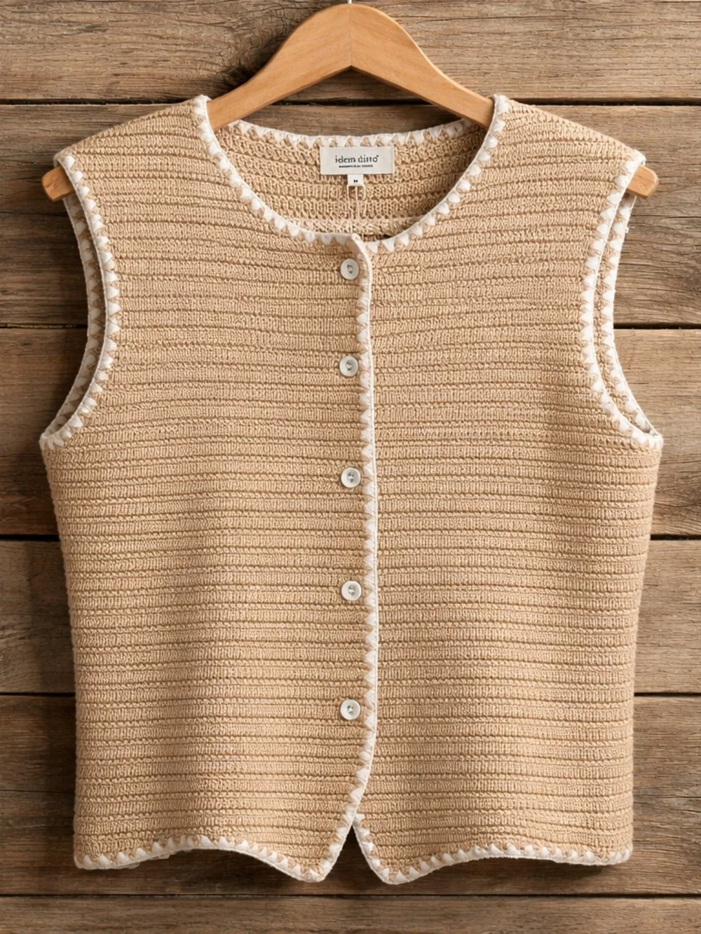 Cream Knit Button-Front Sleeveless crochet Sweater Vest - Picture 1 of 4